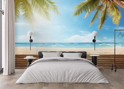 Summer panoramic landscape, nature of tropical beach with wooden platform, sunlight. Golden sand beach, palm trees, sea water against blue sky with white clouds. Copy space, Generative AI Wall mural