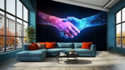 Handshake in digital futuristic style. The concept of partnership, collaboration or teamwork.  illustration with light effect and neon, Generative AI  Wall mural