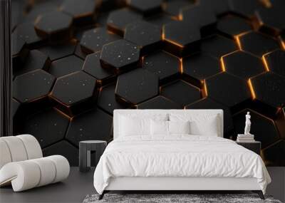 Luxury hexagonal abstract black metal background with golden light lines. Dark grid pattern. Pure black horizontal banner wallpaper. Carbon elegant wedding, Generative AI Wall mural