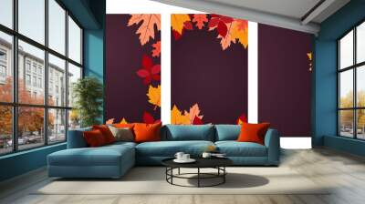 Autumn. Vector background collection with copy space. Three banners with autumn colorful leaves on dark purple backdrop. Flat design Wall mural