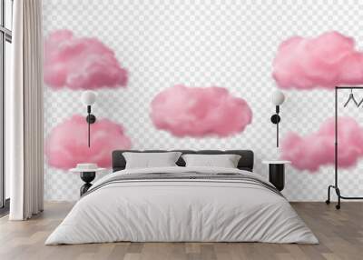 Set of 3d vector pink cotton clouds. Realistic clouds isolated on white translucent backdrop Wall mural