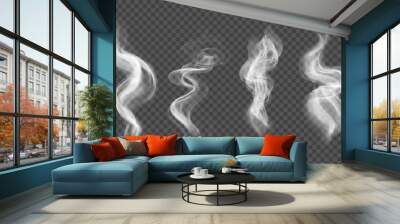 White wavy smoke isolated on transparent background. Vector set of realistic steam from hot drink, food Wall mural