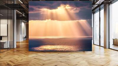 Rays of light after rain storm, seascape with sun reflections on water surface. Wall mural