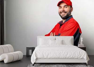 Studio Photography portrait of a logistic male  30s to 40 years old American worker in uniform looking happy and pleased he has a job. Plain white background. 3:2 Wall mural