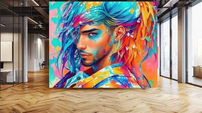 Artistic colorful watercolor portrait of an alternative beautiful man, paint splashes, paint stains, splatters. generative AI Wall mural