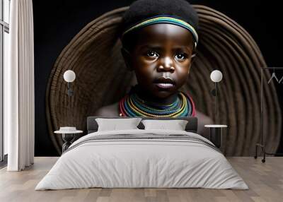 Portrait, african kid baby boy of a tribe. Warrior, Tribal. Looking camera. Generative AI.  Wall mural