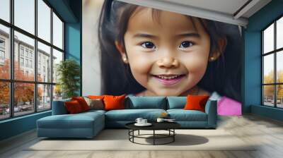 Portrait of a beautiful 5 year old Asian girl smiling. Close up. Copy space. Banner. generative ai Wall mural