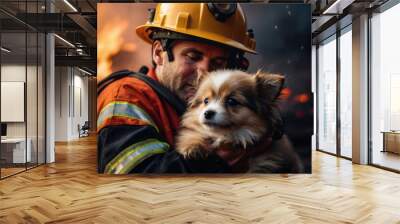 Firefighter holding animal to save him in fire and smoke, Wall mural