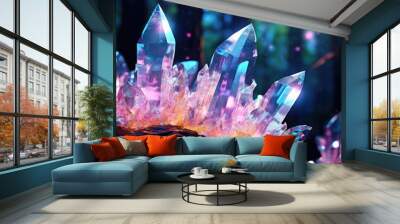 Luminous beautiful magic crystals in a dark forest. Wall mural