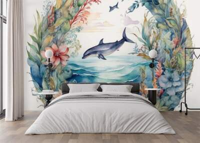 Sea or ocean underwater world. Watercolor illustration. Wall mural