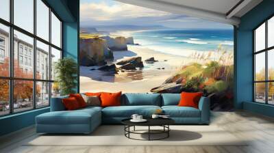 The oil painting of the sea coast. Coastal art. Scenic nature view with dunes. Wall mural