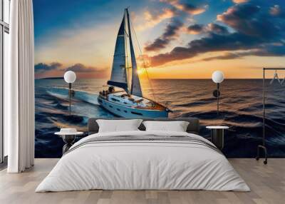 Yacht on sea surface. Luxury cruise boat. Fishing sea cruise. Wall mural