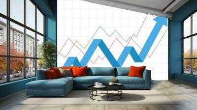 blue stock market arrow business graph growing pointing up on economic chart icon trending upwards financial board rises with two lines graphs flat design Wall mural