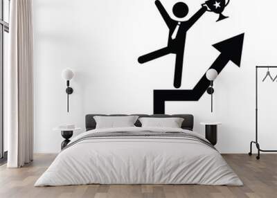 Businessman Climbing Arrow Graph, Reaching the Top, Winning Trophy and Earning Lots of Dollars Silhouette Icon Symbol Wall mural