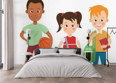 happy two little boys and a girl kids children wearing school bag basketball ball and book Wall mural