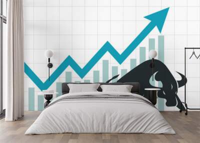 trading bullish position forex stock graph rising up profit grow up bull stand near a big blue arrow and bar chart pointing up Wall mural