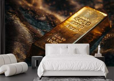 Close-up of single gold bar on luxurious shimmering fabric, concept of wealth and investment in precious metals Wall mural