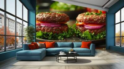 Gourmet Vegan Beef Patties with Fresh Vegetables - Concept Plant Based Food Wall mural