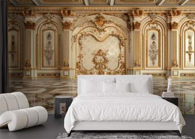 Luxurious neoclassical wall design with ornate gold trimmings and elegant white panels in a grand interior Wall mural