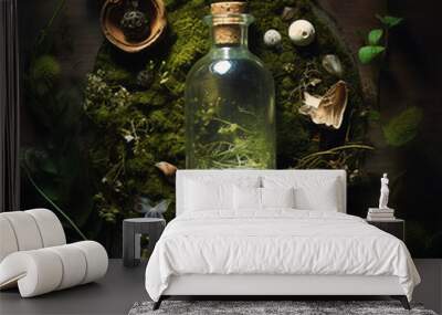 A druids potion table with moss and greenery Wall mural