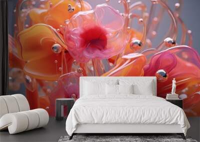 3D abstract bloom liquid blossom organic flower orange peach fuzz glass and plastic background Wall mural