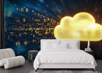 abstract holographic cloud computing with blue golden light and digital data flow background Wall mural