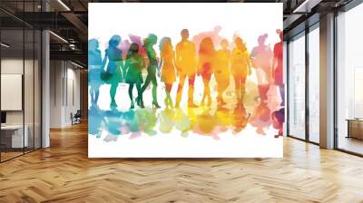 abstract rainbow watercolor crowd walking on white diversity in community conceptual art Wall mural