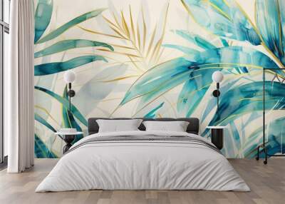 artistic illustration of tropical leaves in watercolor with gold decorative elements Wall mural