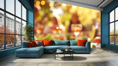 backyard dinner table have a tasty grilled BBQ meat salads and wine with happy joyful people on background Wall mural