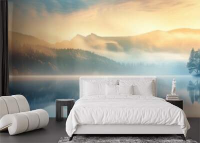 calming rhythms, golden sunrise over misty lake with forest and mountain reflections, serene morning  Wall mural