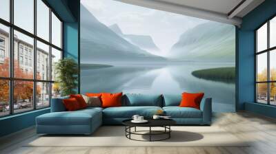 calming rhythms, serene mountain landscape reflected in calm lake waters at dawn, misty and peaceful soft light Wall mural