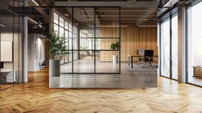 contemporary office space with wood panels and glass partitions design, modern minimalist office interior with natural light and green plants Wall mural