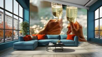 couple relaxing in jacuzzi tub, toasting with champagne glasses, celebrating honeymoon in luxury Wall mural