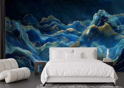 Ethereal landscape of abstract mountains in a blue and gold dreamscape Wall mural