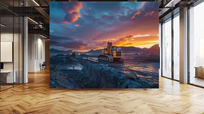 excavators working in a quarry during sunset with dramatic sky and mountains Wall mural