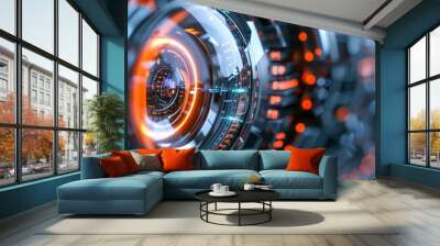 lens futuristic technology center data orange blue, motherboard link, modern abstract tech background with concentric circles and light flares in motion Wall mural