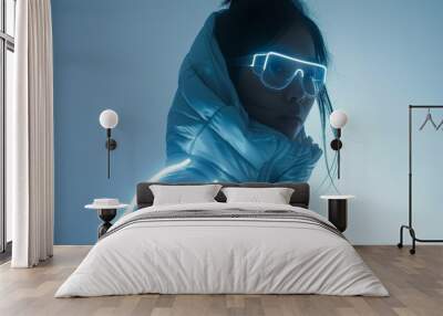 long exposure fashion women model wearing futuristic puffer and glasses, glowing neon accents foggy surreal minimal Wall mural