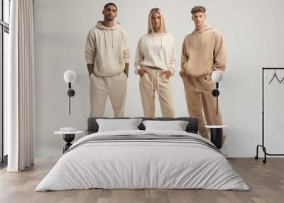 male female models beige colored hoodie sweatshirt loungewear sweatpants studio fashion photoshoot Wall mural