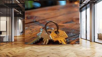 owner tenant new appartment real estate two golden keys on a wooden table with warm bokeh lighting Wall mural