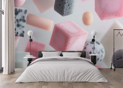 pastel pink grey and white shapes floating in a dynamic abstract 3d render with light textures and soft shadows Wall mural