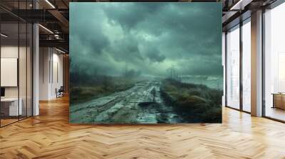 stormy rural road with dark clouds and rain creating a dramatic moody landscape Wall mural