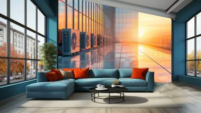 sunset reflections on glass building with industrial air conditioning units Wall mural