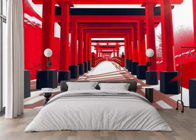 tranquil red torii gates amid white forest in Kyoto art piece Wall mural