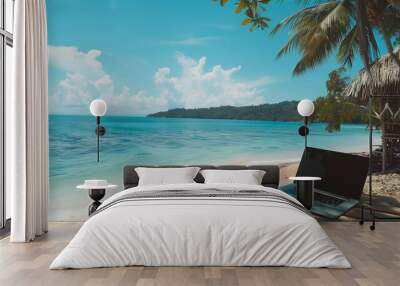 Tropical escape office setup with a view of clear blue waters digital nomad concept Wall mural