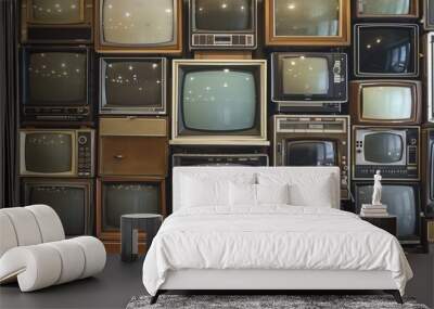 wall filled with vintage televisions showcasing technology evolution Wall mural