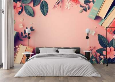 world book day flat lay design with floral elements and copy space Wall mural