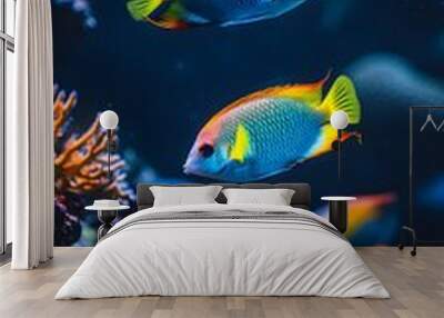 A group of colorful tropical fish swimming in the water, with vibrant colors and beautiful coral reefs around them Wall mural