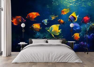 A group of colorful tropical fish swimming in the water, with vibrant colors and beautiful coral reefs around them Wall mural