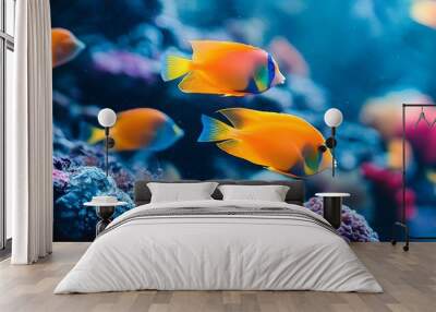 A group of colorful tropical fish swimming in the water, with vibrant colors and beautiful coral reefs around them Wall mural