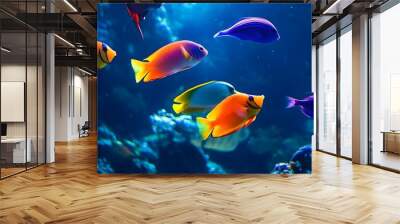 A group of colorful tropical fish swimming in the water, with vibrant colors and beautiful coral reefs around them Wall mural